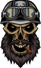 Angry biker skull face with evil yeys badge style
