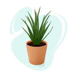 Simple drawing, indoor plant aloe Vera in a brown clay pot. Against the background of abstract blue oval shapes. It has healing properties. For Your design and imagination.