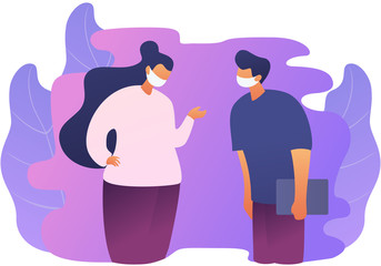 Female and male with mask talking in a distance
