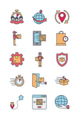 global spheres and fast delivery icon set, line and fill style