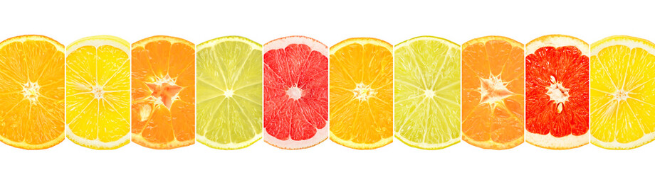 Sliced citrus fruits divided vertical lines isolated on white