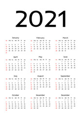 Calendar for 2021 isolated on a white background