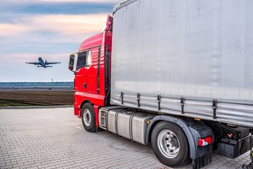  Forwarding agent or delivery concept, truck, plane flying.