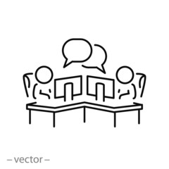coworking icon, work space, people workplace office, remote company marketing, online employee conference, thin line web symbol on white background - editable stroke vector illustration eps10