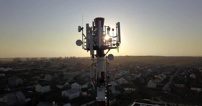 Telecommunication tower of 4G and 5G cellular. Base Station or Base Transceiver Station. Wireless Communication Antenna Transmitter. Telecommunication tower with antennas against blue sky.