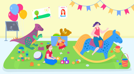 Kids friend play toys at home vector illustration. Cartoon flat active girl child characters playing game together in playroom interior, children indoor activity. Happy friendship childhood background