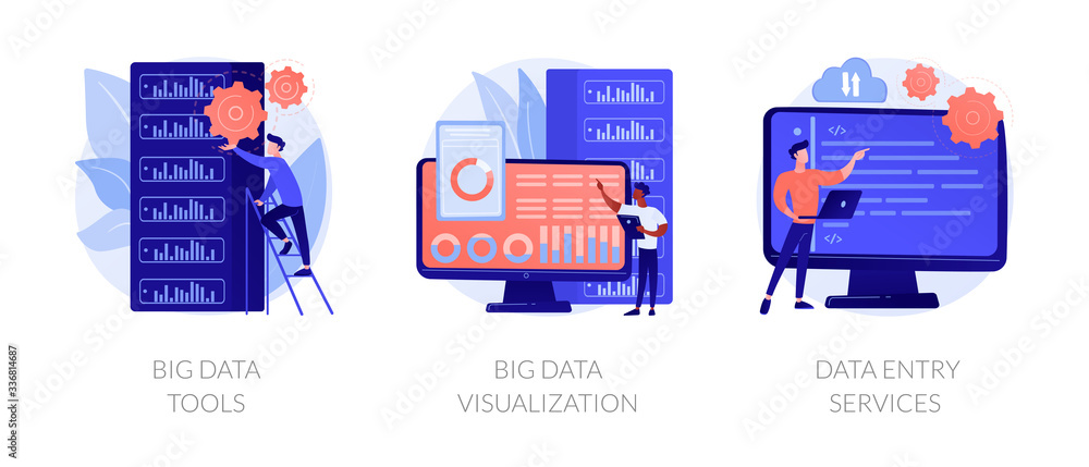 Poster big data metaphors icons set. large amount of information storage, sharing, analysis and processing.