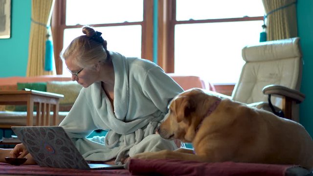 Mature woman telecommuting her work with laptop while in bathrobe with dog on the floor, and petting dog.