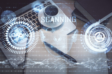 Multi exposure of data theme drawing hologram over topview work desk background with computer. Concept of technology.