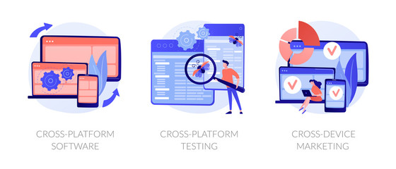 Cross-platform software metaphors. Multi-platform testing, platform-independent software, cross device marketing. Cartoon programmer character. Vector isolated concept metaphor illustrations
