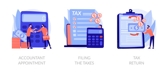 Financial documents and forms, paperwork. Accountant appointment, filing the taxes, tax return metaphors. Calculating obligatory payments. Vector isolated concept metaphor illustrations - obrazy, fototapety, plakaty