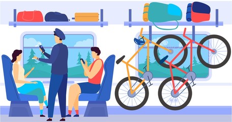 Train metro subway interior with commuting passengers, controllers, bycicles in luggage cell, baggage cartoon vector illustration. High-speed comfortable transportation train car interior or urban © Seahorsevector
