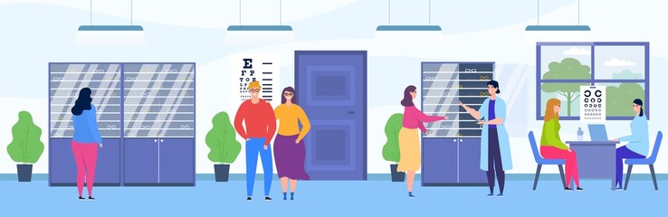 People visit ophthalmology store vector illustration. Cartoon flat happy visitor characters choosing eyeglasses in optical shop room interior, ophthalmologist consulting patient on examination checkup