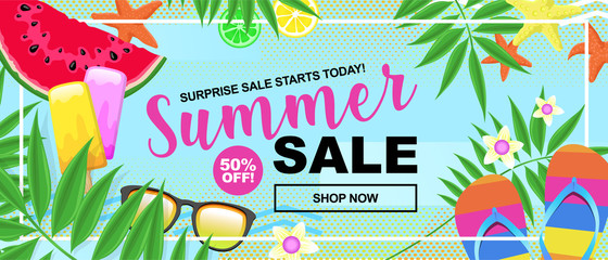 Summer time Sale Concept with Palm leaves, Watermelon, Fruits, and Summer Objects