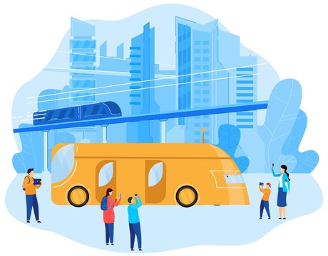 Modern city transport subway and electrobus, cityscape, renewable energy, ecosystem in smart city cartoon vector illustration. Ecological transportation, ecology friendly city transport concept.