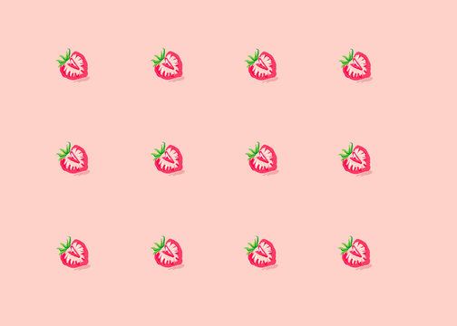 Hand drawn strawberry repeating patterns on a pink peach background with green leaves