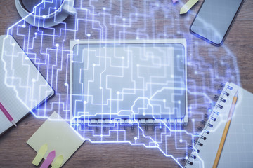 Multi exposure of brain drawing over work table desktop. Top view. Global data analysis concept.