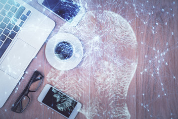 Multi exposure of brain drawing over work table desktop. Top view. Global data analysis concept.