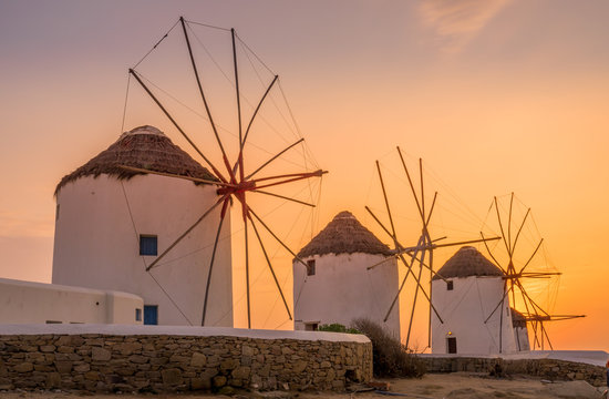 Scenic view of famous and traditional greek windmills in Mykonos island of Greece