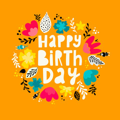 Fototapeta na wymiar cute lettering quote 'Happy Birthday' decorated with floral elements on yellow background. Good for posters, banners, cards. prints, signs, etc. festive typography inscription.
