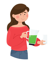 Girl pours smoothie from vegetables and herbs. Vector isolate character on a white background. Cartoon flat style.