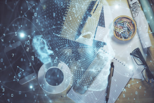 Double exposure of brain sketch and table top veiw. Concept of data analysis.