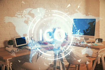 Double exposure of crypto technology theme drawing and office interior background. Concept of...