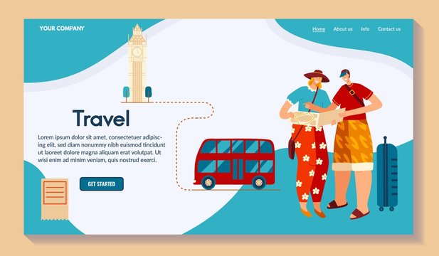 Character male travel around world, flat vector illustration. Creating route, map for trip. Contact us, info, about us, home, more button. Design for website, your company name place.