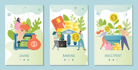 Investment vector illustration. Banking, saving, business and finance concept. Investor sitting on safe with piggy bank. People invest money in bank. Man, woman cartoon characters with coin, card.