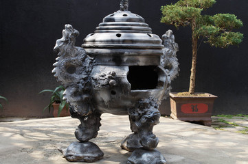 Big gray Asian ceramic ritual bowl