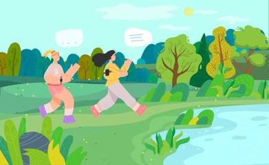 Woman running in city park, character female people, rest and walking, flat vector illustration. People in national park, peaceful place for relax, training. Reserve respite time for couple girls.
