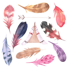 Hand drawn watercolor boho elements set. Boho style feathers, and teepee isolated illustration on white background © sovaka