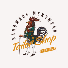 Rooster character with a cane and boots. Vintage emblem or label for poster or banner. Fashionable Aristocrat or Rich Man. Hand drawn fashionable cockerel logo. Engraved old monochrome sketch.