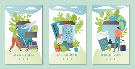 Online booking service vector illustration. Book hotel, flight banner template. Ticket booked through internet, mobile application. People cartoon characters with baggage, passport, laptop travel.