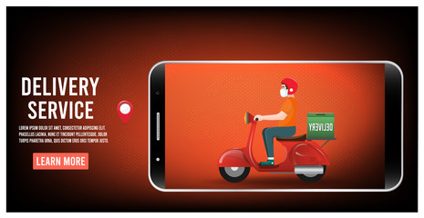 Online delivery service concept with delivery man ride scooter delivering parcel box. 
vector illustration.