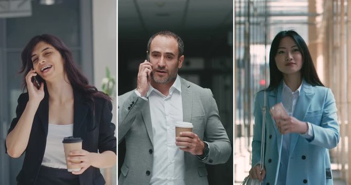 Three portraits of successful diverse business people using their smart phones to make a call or surf internet at the offices - success, diversity, communication concept 4k footage