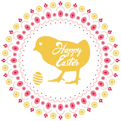 Happy easter frame with chick silhouette. Wreath with eggs, flowers