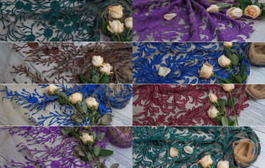 Texture lace fabric. Collage of lace on background studio. thin fabric made. background image of ivory-colored lace cloth. multicolored lace on beige background.
