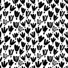 Brush black loose flowers vector seamless pattern. Hand drawn black paint ink illustration with abstract floral motif.