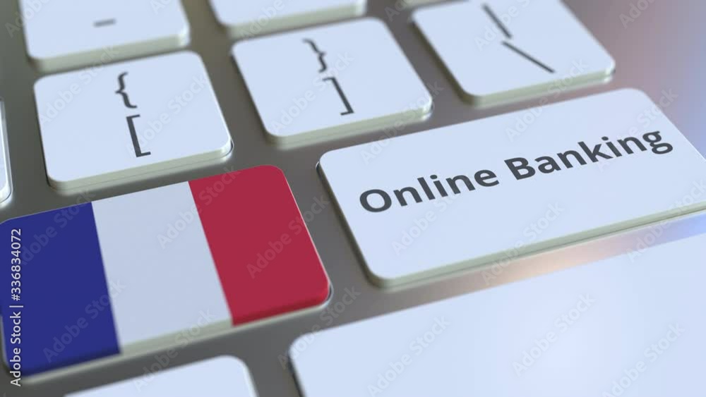 Poster online banking text and flag of france on the keyboard. internet finance related conceptual 3d anima