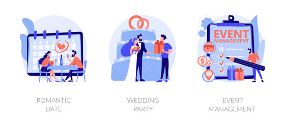 Obraz na płótnie Canvas Love and romance, marriage ceremony, professional event planning service icons set. Romantic date, wedding party, event management metaphors. Vector isolated concept metaphor illustrations