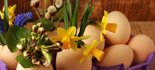 Fototapeta na wymiar Small spring bouquets in eggshell vases. Natural eggs in a purple box on a wooden background. Yellow daffodils, muscari, willow. Easter concept. Selective focus, close-up. Banner.