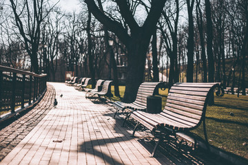 Outdoor furniture wooden bench in Kiev in Ukraine