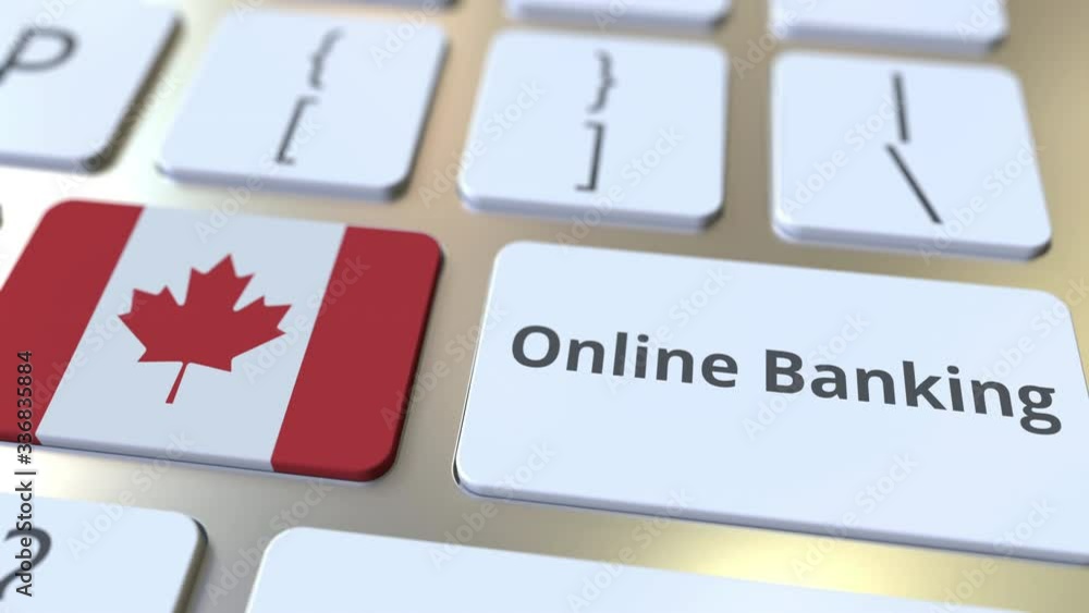 Poster online banking text and flag of canada on the keyboard. internet finance related conceptual 3d anima