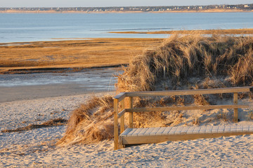 Deck and Dry Grass at Sunset, Skaket Beach, Cape Cod, Massachusetts, USA