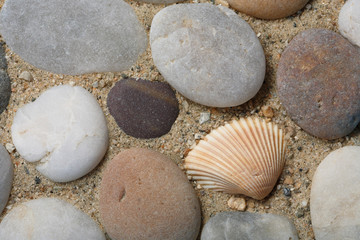 Fototapeta na wymiar Pebbles on Sand Beach at Nauset Beach, Cape Cod, Massachusetts, USA