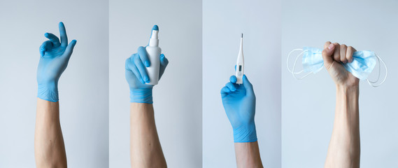 Flat lay of Coronavirus protection, medical protective masks, gloves, hand sanitizer bottles, antiseptic, disinfection, spray on white background isolated , copy space.