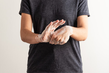 Woman's hand showing 6-steps of lathering and washing hands of antiseptic method to prevent COVID-19 spread