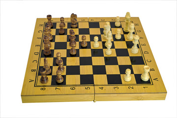 Chess pieces on a chessboard isolate on a white background close-up.