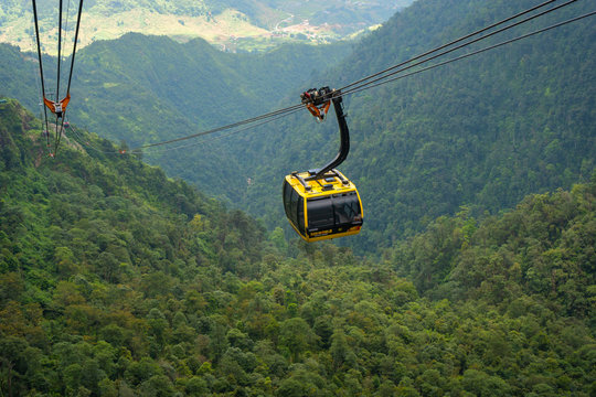 SA PA, VIETNAM - Aug 12, 2019 : World is longest electric cable car to Fan Si Pan or Pang Xi Pang mountain peak the highest mountain of Indochina with in the mist at SA PA, Lao Cai, Vietnam